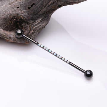 Detail View 1 of Implant Grade Titanium Blackline Sparkle Lined Fire Opal Industrial Barbell-White Opal
